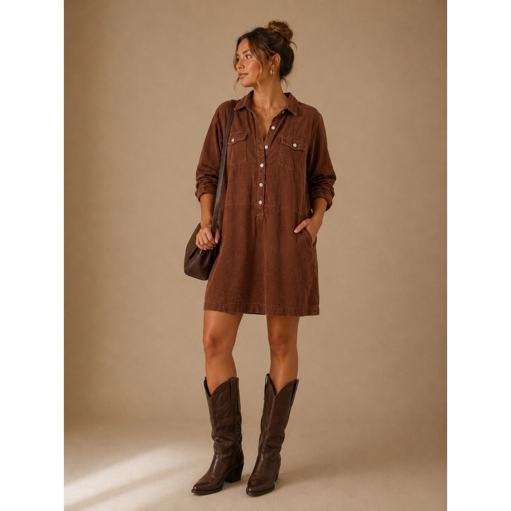 Talbots Womens Brown‎ Corduroy Long Sleeve Button Front Shirt Dress Size 16